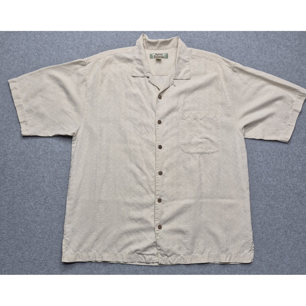 Tommy Bahama Shirt Mens L Silk Beige Short Sleeve Button Camp Island Vacation - Picture 1 of 16